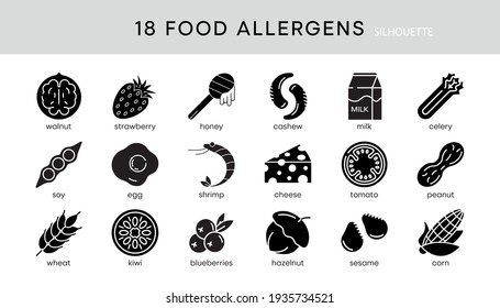 18s Food allergy icon set. Essential allergens and diet line icons vector set. Isolated on white background. Modern editable silhouette icon set. Your web mobile application logo design.