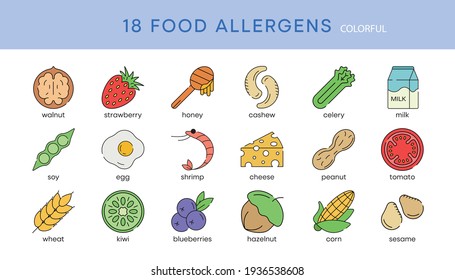 18s Food allergy icon set. Essential allergens and diet line icons vector set. Isolated on white background. Modern editable color icon set. Your web mobile application logo design.