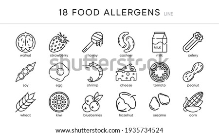 18s Food allergy icon set. Essential allergens and diet line icons vector set. Isolated on white background. Modern editable line icon set. Your web mobile application logo design.