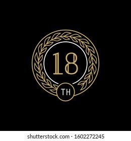 18st anniversary logo with gold and white frame and color. on black background