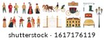 18th 19th century old town fashion set with isolated icons of furniture buildings and human characters vector illustration