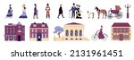 18th 19th century old town victorian set with isolated icons of classic european architecture and people vector illustration