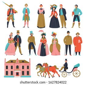 18th 19th century old town fashion carriage set with isolated icons and human characters of aristocrats vector illustration svg