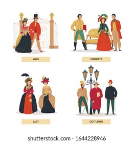 18th 19th century old town fashion compositions set with text and human characters of aristocratic people vector illustration svg