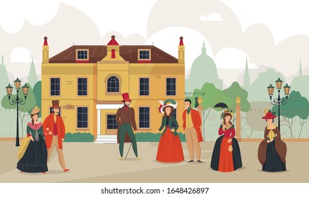 18th 19th century old town victorian composition with outdoor landscape historic cityscape and characters of people vector illustration