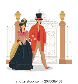 18th 19th century old town fashion composition with human characters of aristocratic people vector illustration