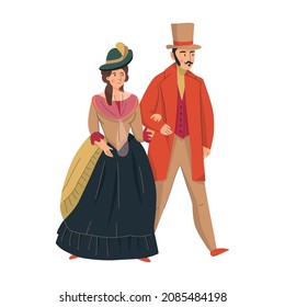 18th 19th century old town fashion composition with isolated human characters of loving couple vector illustration