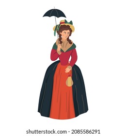 18th 19th century old town fashion composition with isolated human character of lady with umbrella vector illustration