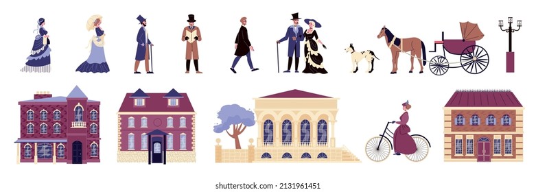18th 19th century old town victorian set with isolated icons of classic european architecture and people vector illustration svg