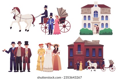 18th 19th century old town victorian set of classic european architecture and people. Vector illustrations of men, women in historical fashion costumes. Buildings, astles, carriage with white horse svg
