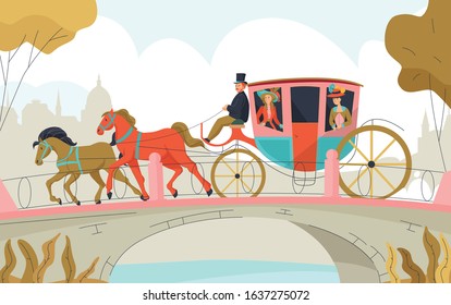 18th 19th century victorian old town carriage outdoor composition with two horses equipage passing the bridge vector illustration