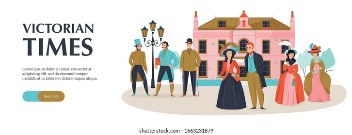 18th 19th century victorian old town fashion horizontal banner with editable text button and medieval scenery vector illustration svg