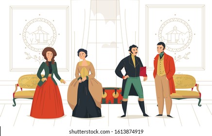 18th 19th century victorian people fashion composition with indoor scenery of aristocratic saloon with medieval people vector illustration svg