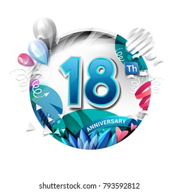18th anniversary background with balloon and confetti on white. 3D paper style illustration. Poster or brochure template. Vector illustration.