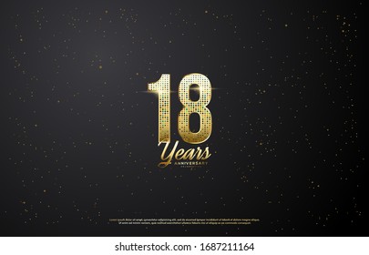 18th anniversary background with illustrations of light effects behind gold colored figures on a black background.