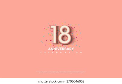 18th anniversary background with illustrations of white numbers and pink color on the edges of numbers.