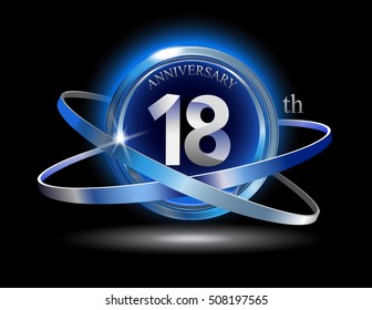 18th anniversary with blue ring graphic elements on black background