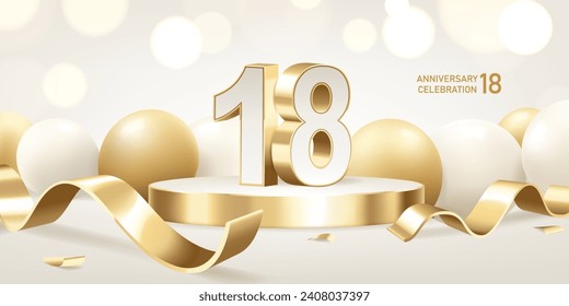 18th Anniversary celebration background. Golden 3D numbers on round podium with golden ribbons and balloons with bokeh lights in background.