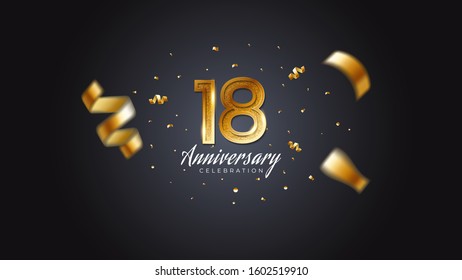 18th anniversary celebration Gold numbers with dotted halftone, shadow and sparkling confetti. modern elegant design with black background. for wedding party event decoration. Editable vector EPS 10