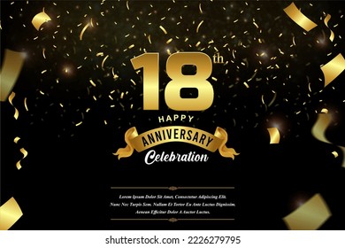 18th anniversary celebration Gold numbers with dotted halftone, shadow and sparkling confetti. modern elegant design with black background. for wedding party event decoration.