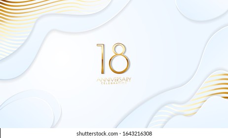18th anniversary celebration. Golden number with realistic fluid white background. Realistic 3D sign modern elegant can be used for a company or wedding. editable design vector EPS 10.