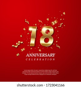 18th Anniversary celebration. Golden number 18 with sparkling confetti, stars, glitters and streamer ribbons on red background. Vector festive illustration. Birthday or wedding party event decoration