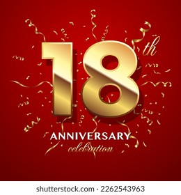 18th Anniversary Celebration. logo design with golden numbers and text for birthday celebration event, invitation, wedding, greeting card, banner, poster, flyer, brochure. Logo Vector Template