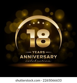 18th Anniversary Celebration. Logo design with golden ring and text for anniversary celebration event, invitation, wedding, greeting card, banner, poster, flyer, brochure. Logo Vector Template