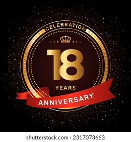 18th anniversary celebration logo design with a golden ring and red ribbon concept, vector template