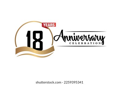 18th anniversary celebration logo vector design with gold black and red color on white background cute black color font   