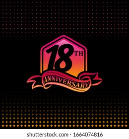 18th anniversary celebration logotype pink and yellow colored. 
eighteen years birthday logo on black background.