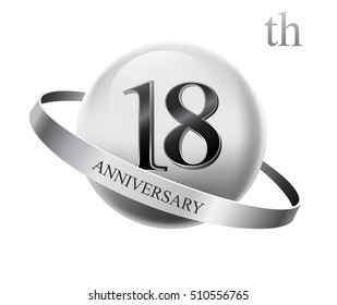 18th anniversary celebration with silver ring on white isolated background