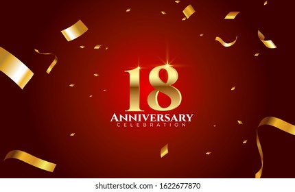 18th Anniversary celebration Vector background by using two colors in the design between gold and red, Golden number 18 with sparkling confetti Realistic 3d sign. Birthday or wedding party