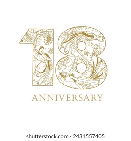 18th anniversary creative icon. Floral design. Calendar number concept. Ethnic pattern. Gold color. 1 and 8 with vintage background. 18 years old symbol. Spring or summer idea. Beautiful decoration.