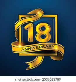 18th Anniversary diseña una cinta dorada envuelta alrededor del número '18' sobre un fondo azul oscuro. Perfecto para celebrar hitos o promover eventos de aniversario con un lujo.