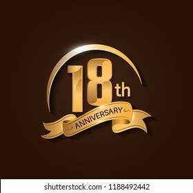 18th Anniversary design logotype. Anniversary logo design with swoosh and elegance golden ribbon. Vector template for use celebration, invitation card, and greeting card