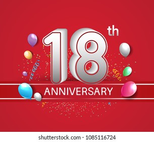 18th anniversary design red background with balloons and confetti for company celebration event 