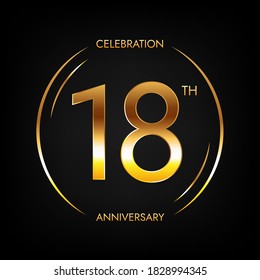 18th anniversary. Eighteen years birthday celebration banner in bright golden color. Circular logo with elegant number design.