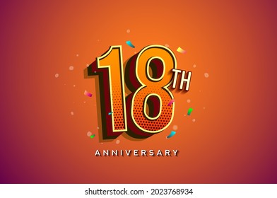 18th Anniversary Logo Design With Colorful Confetti, Birthday Greeting card with Colorful design elements for banner and invitation card of anniversary celebration.