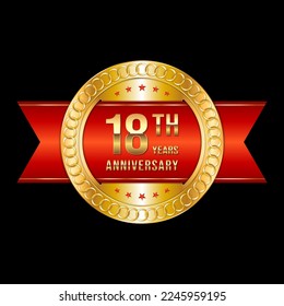 18th Anniversary. Anniversary logo design with gold color text and red ribbon for anniversary celebration event. Logo Vector Illustration