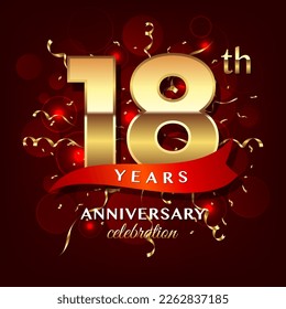 18th Anniversary logo design with golden numbers and red ribbon for anniversary celebration event, invitation, wedding, greeting card, banner, poster, flyer, brochure, book cover. Logo Vector Template