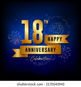 18th anniversary logo with golden ribbon for booklets, leaflets, magazines, brochure posters, banners, web, invitations or greeting cards. Vector illustrations.