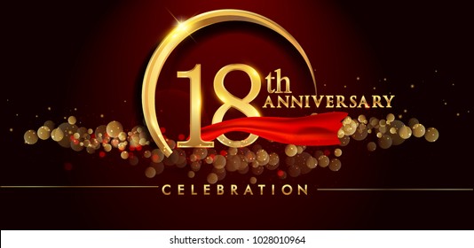 18th anniversary logo with golden ring, confetti and red ribbon isolated on elegant black background, sparkle, vector design for greeting card and invitation card