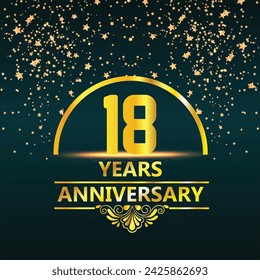 18th anniversary logo with golden ring, confetti and red ribbon isolated on elegant black background, sparkle, vector design for greeting card and invitation card