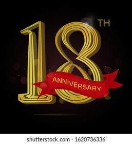 18th anniversary logo with Line motif and red ribbon isolated on elegant black background, vector design for celebration purpose