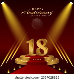 18th anniversary logo with numbers and podium in gold color, logo design for celebration event, invitation, greeting card, banner, poster, and flyer, vector template