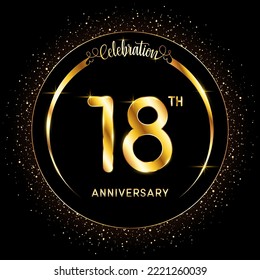 18th Anniversary Logo, Perfect logo design for anniversary celebration events with gold color ring isolated on black background, Vector illustration