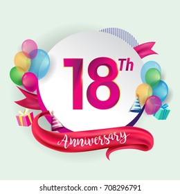 18th Anniversary logo with ribbon, balloon, and gift box isolated on circle object and colorful background