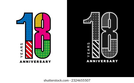 18th anniversary logo set, eighteen years badge, colorful logo for holiday event, invitation, congratulations, web template, flyer and booklet, retro symbol, color logo