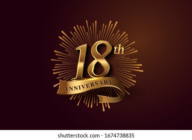 18th anniversary logotype with fireworks and golden ribbon, isolated on elegant background. vector anniversary for celebration, invitation card, and greeting card.